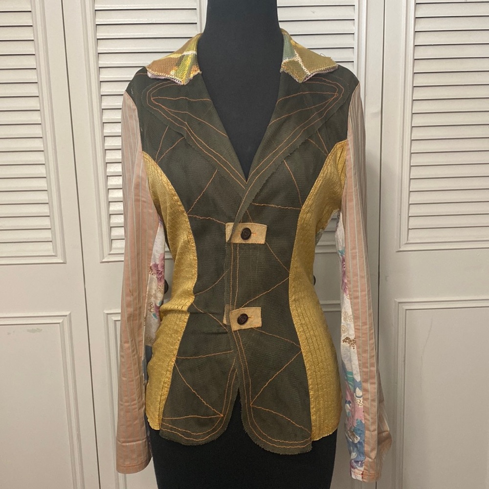 Women’s Mixed-Media Green and Gold Fitted Jacket